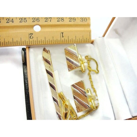 Cufflinks Set w Neck Tie Clip Gold Tone Unique Design Shirt Suit Vintage IOB - Picture 3 of 10